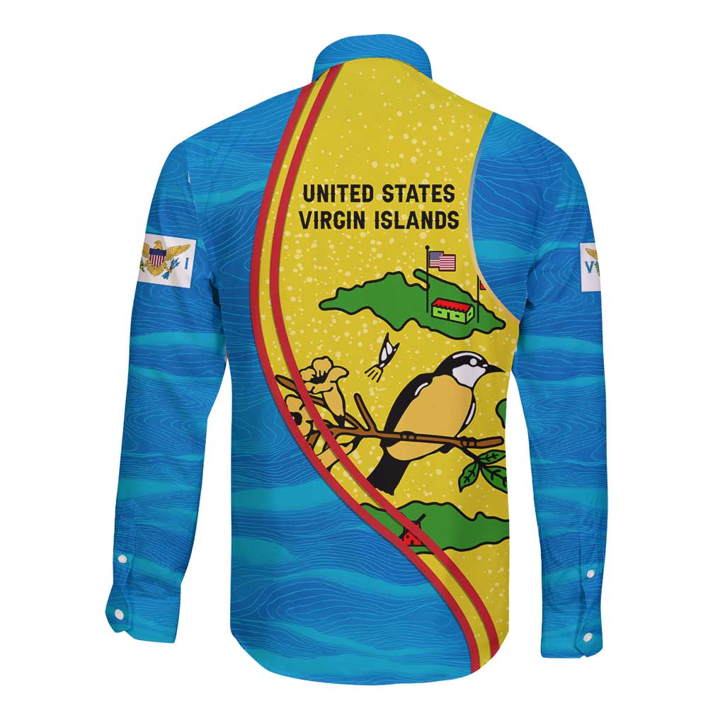 United States Virgin Islands Long Sleeve Button Shirt with Blue Yellow Wave Design and Island Map Bird - Wonder Print Shop