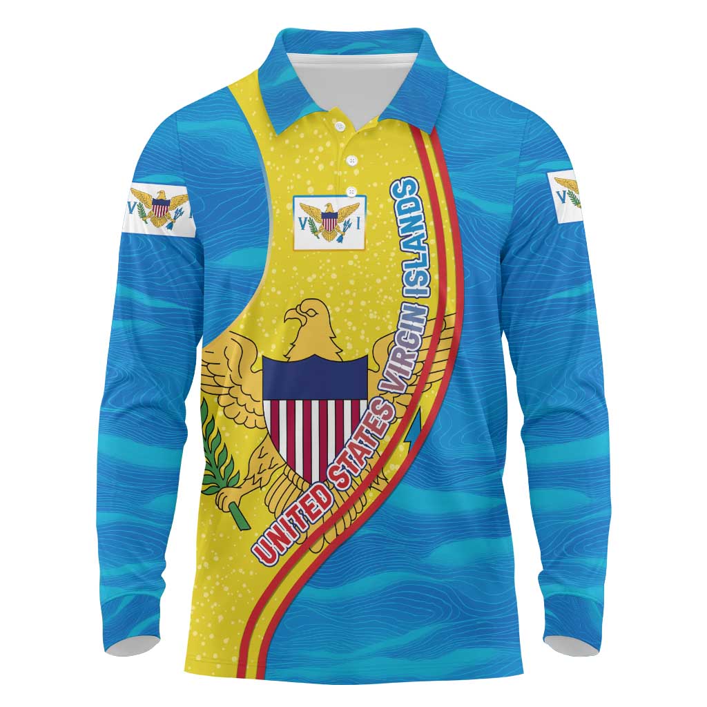 United States Virgin Islands Long Sleeve Polo Shirt with Blue Yellow Wave Design and Island Map Bird - Wonder Print Shop
