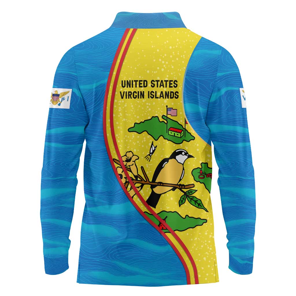 United States Virgin Islands Long Sleeve Polo Shirt with Blue Yellow Wave Design and Island Map Bird - Wonder Print Shop