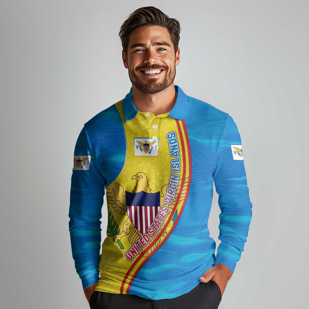 United States Virgin Islands Long Sleeve Polo Shirt with Blue Yellow Wave Design and Island Map Bird - Wonder Print Shop
