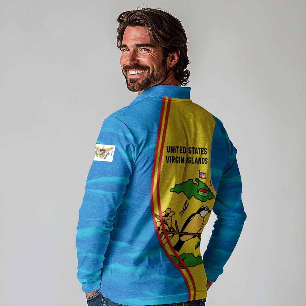 United States Virgin Islands Long Sleeve Polo Shirt with Blue Yellow Wave Design and Island Map Bird - Wonder Print Shop