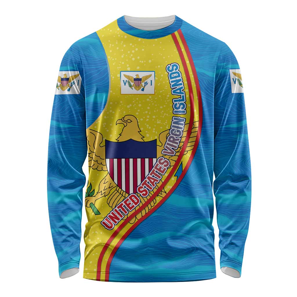 United States Virgin Islands Long Sleeve Shirt with Blue Yellow Wave Design and Island Map Bird - Wonder Print Shop