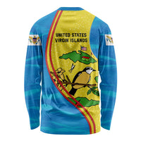 United States Virgin Islands Long Sleeve Shirt with Blue Yellow Wave Design and Island Map Bird - Wonder Print Shop