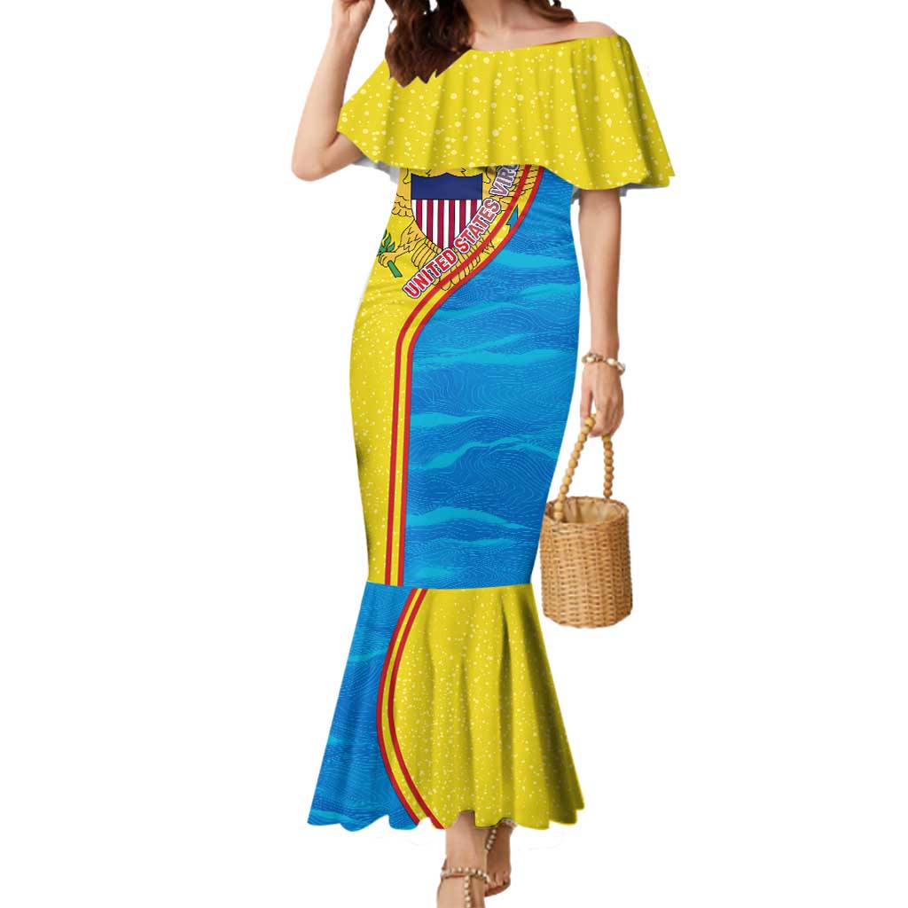 United States Virgin Islands Mermaid Dress with Blue Yellow Wave Design and Island Map Bird - Wonder Print Shop