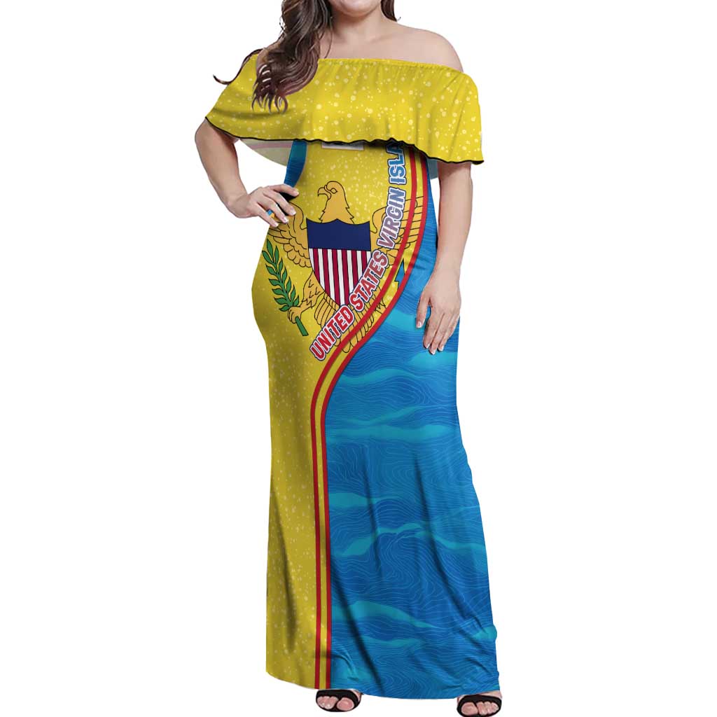 United States Virgin Islands Off Shoulder Maxi Dress with Blue Yellow Wave Design and Island Map Bird - Wonder Print Shop