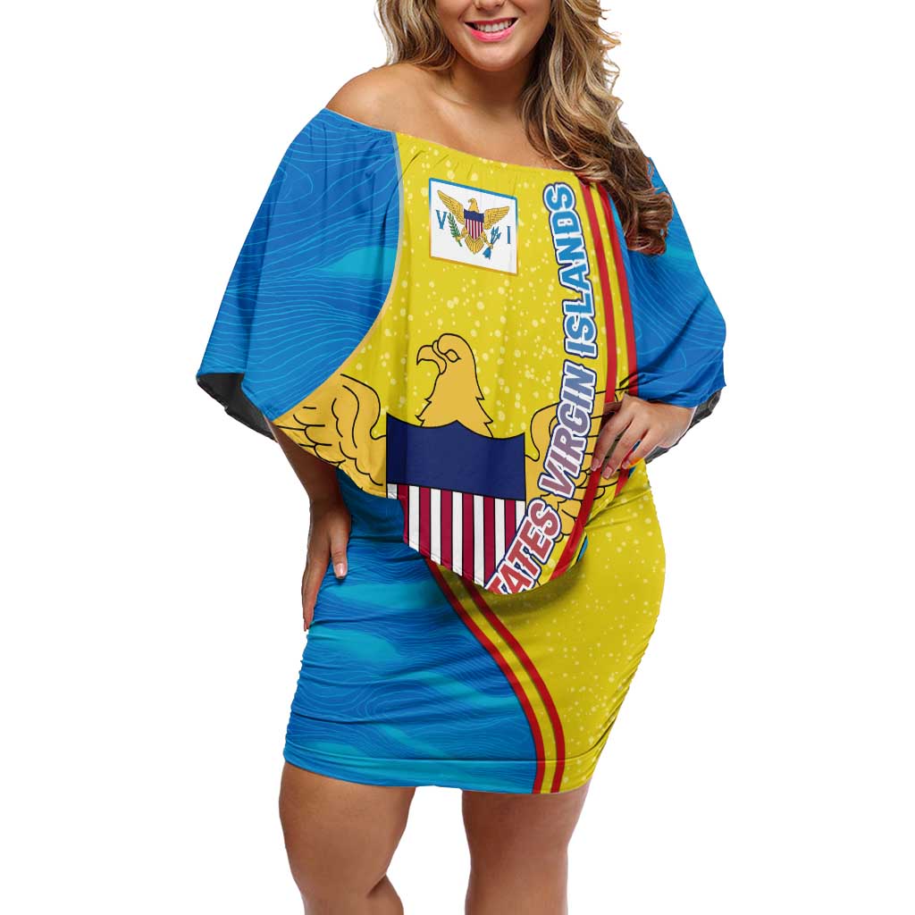 United States Virgin Islands Off Shoulder Short Dress with Blue Yellow Wave Design and Island Map Bird - Wonder Print Shop