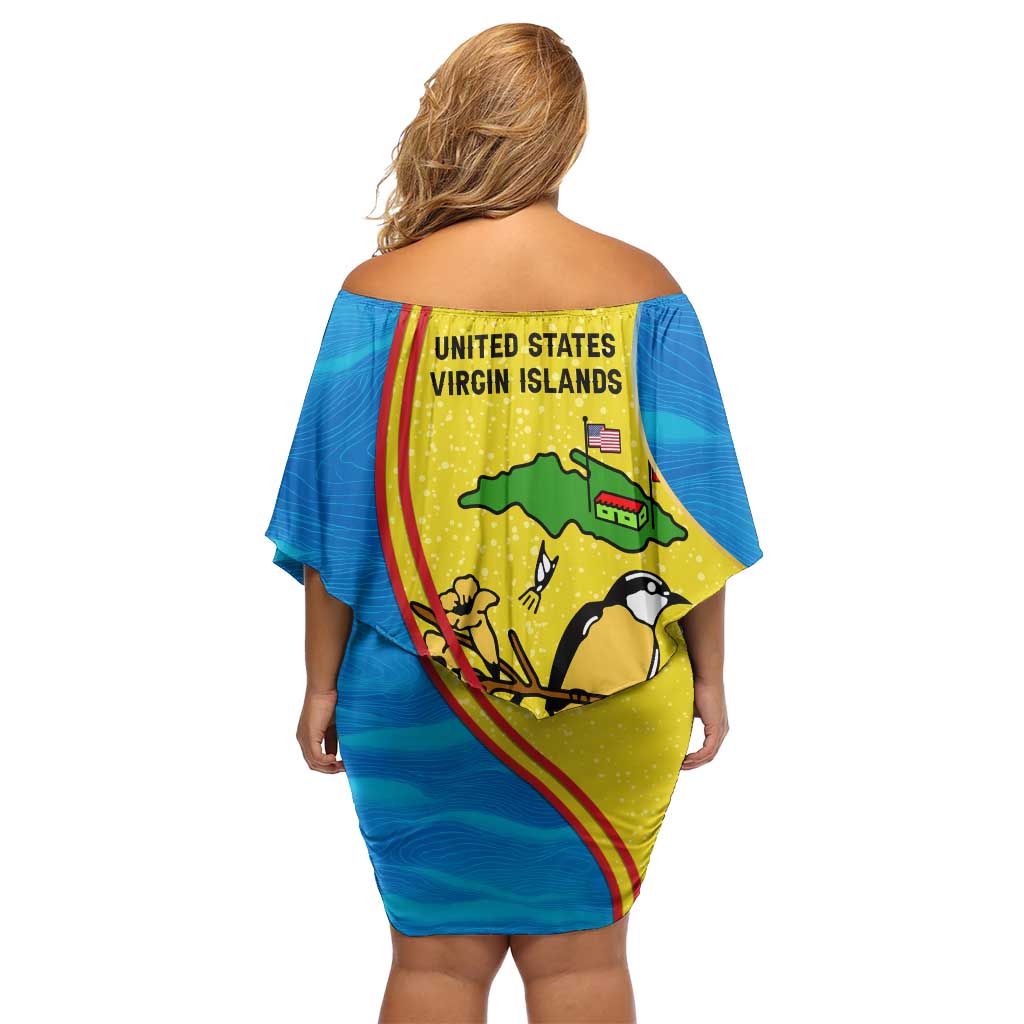 United States Virgin Islands Off Shoulder Short Dress with Blue Yellow Wave Design and Island Map Bird - Wonder Print Shop
