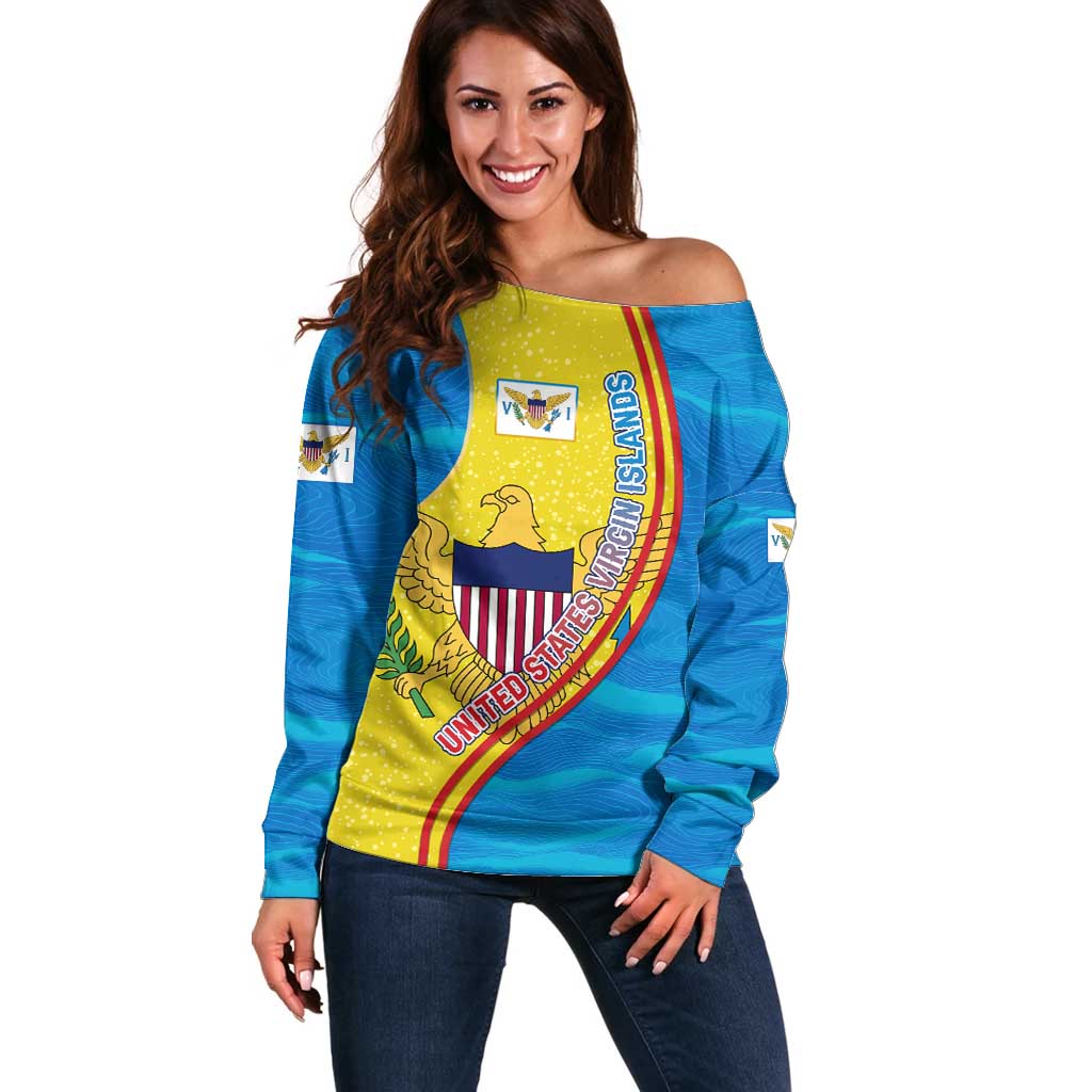 United States Virgin Islands Off Shoulder Sweater with Blue Yellow Wave Design and Island Map Bird - Wonder Print Shop