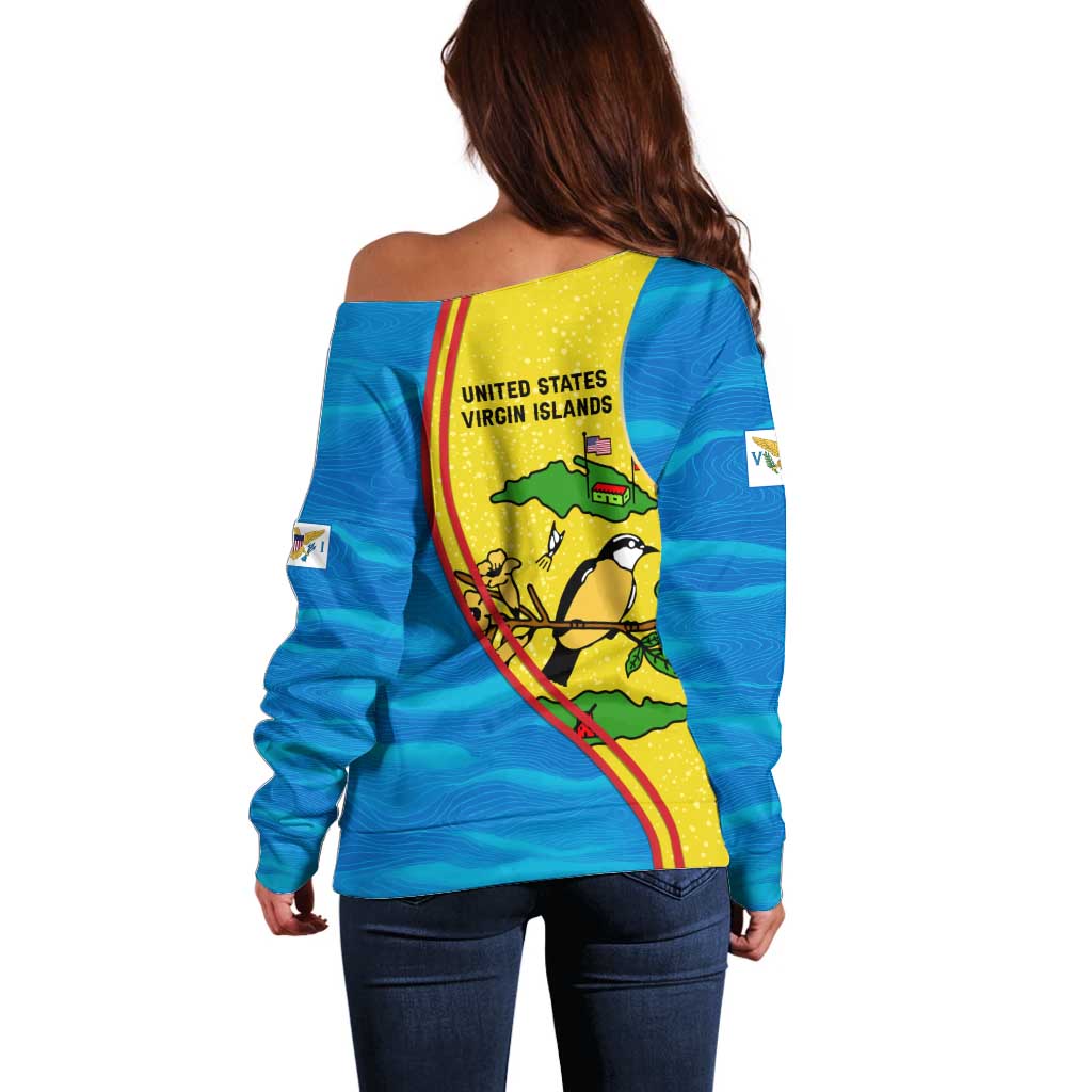 United States Virgin Islands Off Shoulder Sweater with Blue Yellow Wave Design and Island Map Bird - Wonder Print Shop