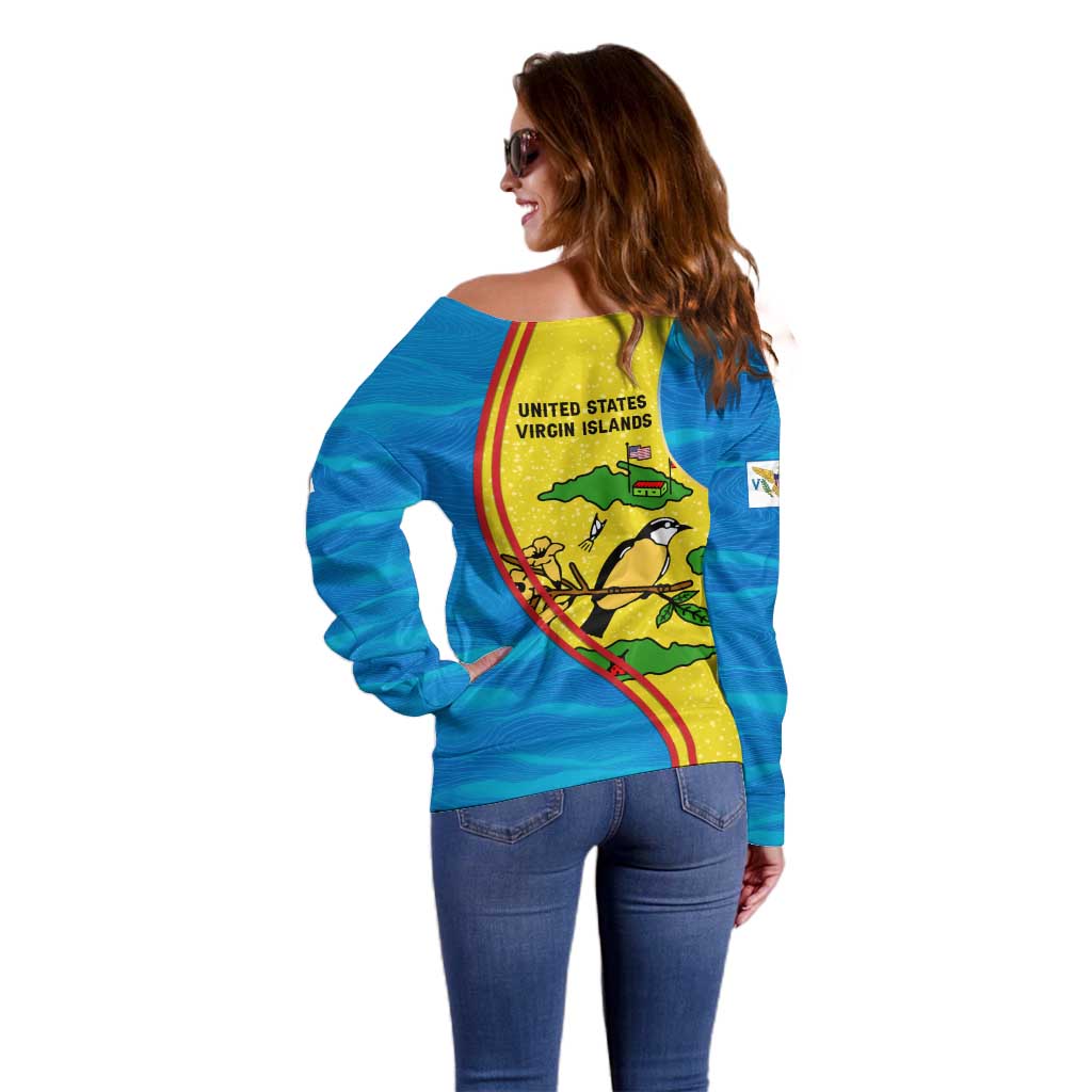 United States Virgin Islands Off Shoulder Sweater with Blue Yellow Wave Design and Island Map Bird - Wonder Print Shop