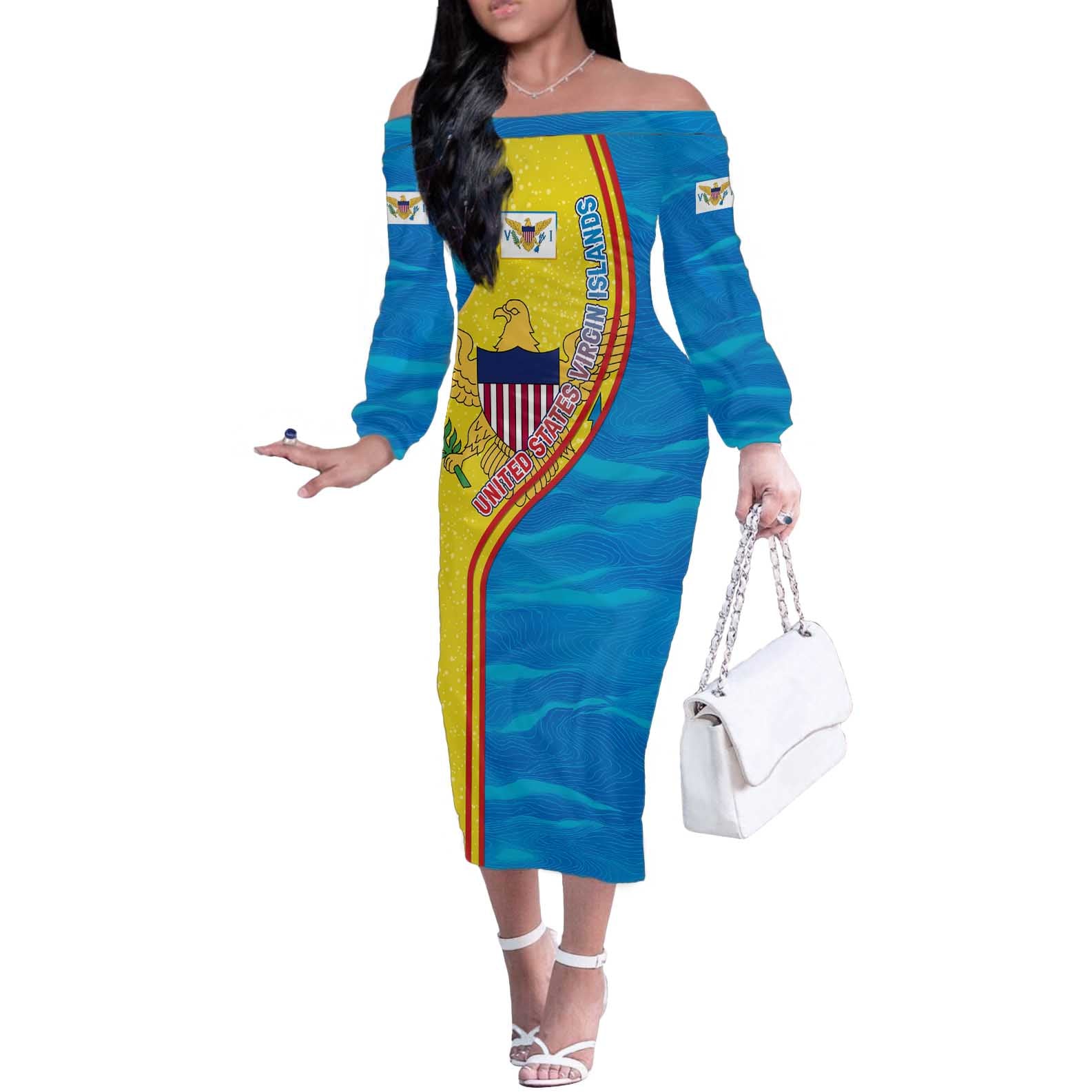 United States Virgin Islands Off The Shoulder Long Sleeve Dress with Blue Yellow Wave Design and Island Map Bird - Wonder Print Shop