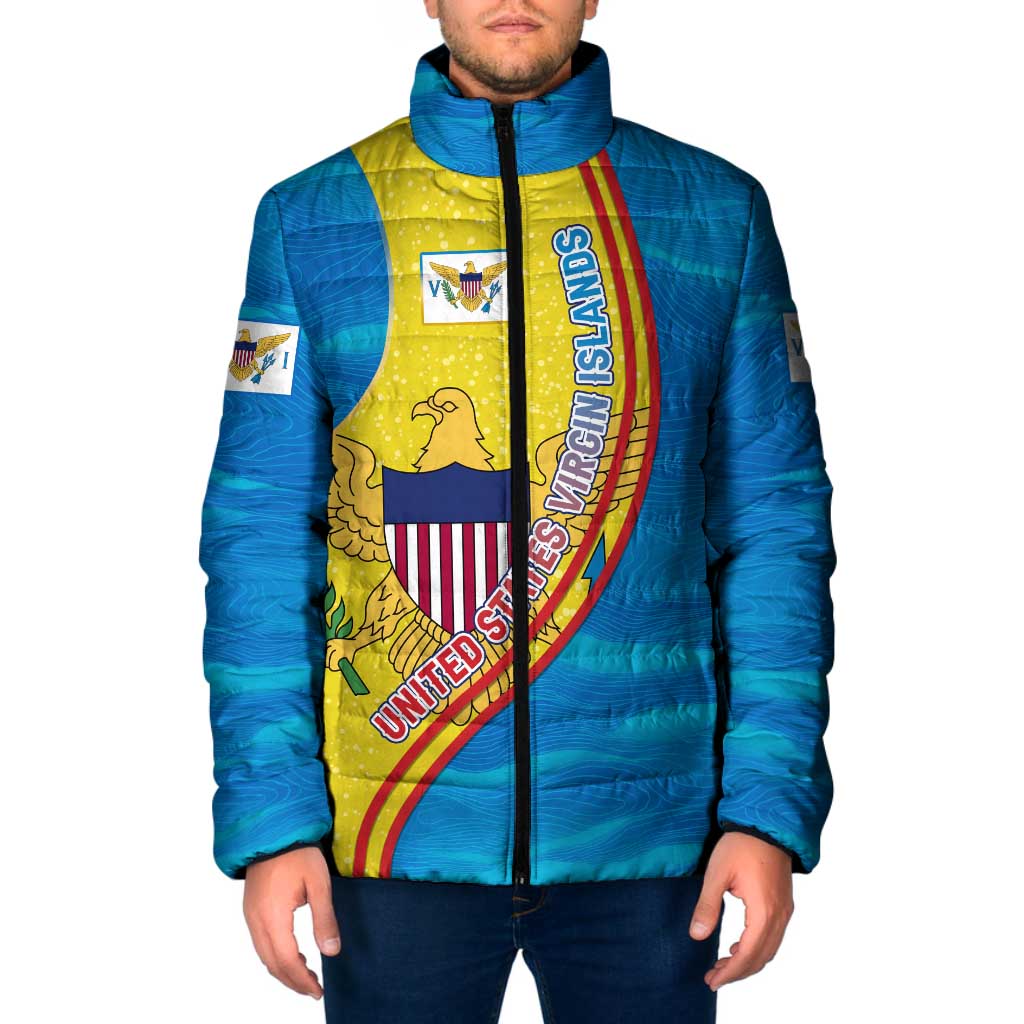 United States Virgin Islands Padded Jacket with Blue Yellow Wave Design and Island Map Bird - Wonder Print Shop