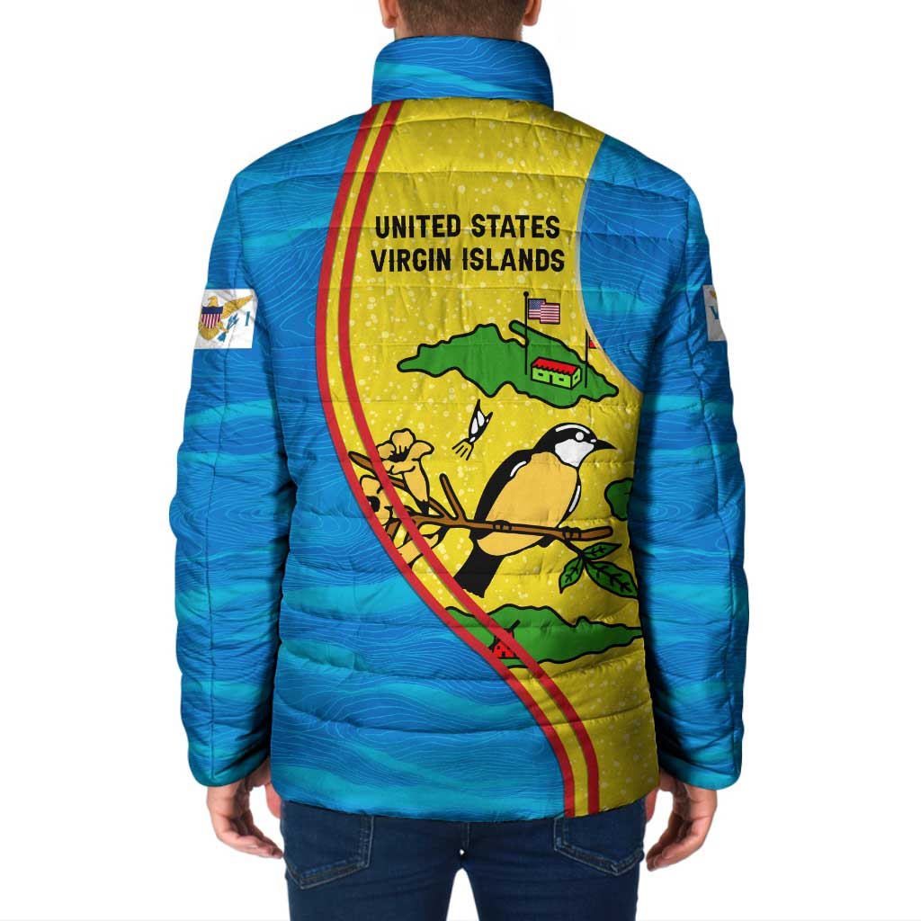 United States Virgin Islands Padded Jacket with Blue Yellow Wave Design and Island Map Bird - Wonder Print Shop