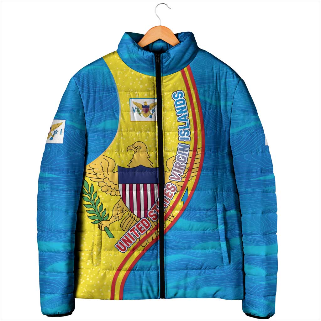 United States Virgin Islands Padded Jacket with Blue Yellow Wave Design and Island Map Bird - Wonder Print Shop