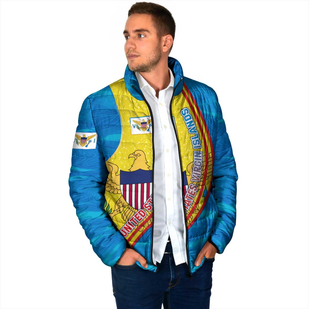 United States Virgin Islands Padded Jacket with Blue Yellow Wave Design and Island Map Bird - Wonder Print Shop