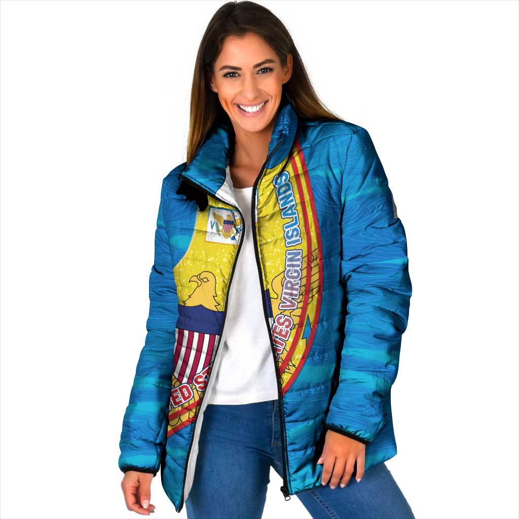 United States Virgin Islands Padded Jacket with Blue Yellow Wave Design and Island Map Bird - Wonder Print Shop