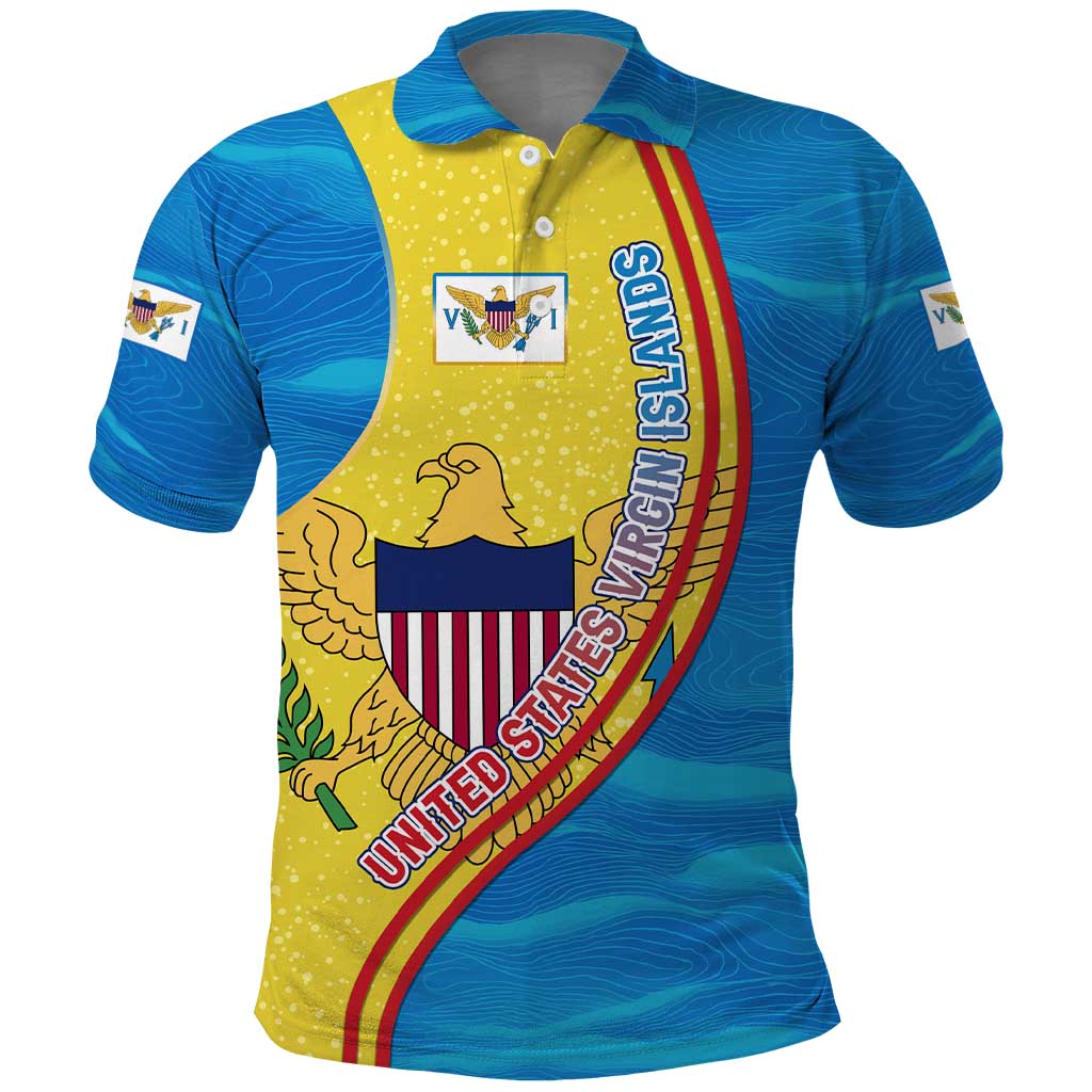 United States Virgin Islands Polo Shirt with Blue Yellow Wave Design and Island Map Bird - Wonder Print Shop