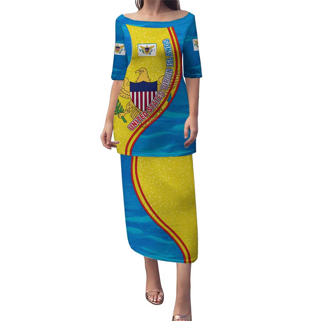 United States Virgin Islands Puletasi with Blue Yellow Wave Design and Island Map Bird - Wonder Print Shop