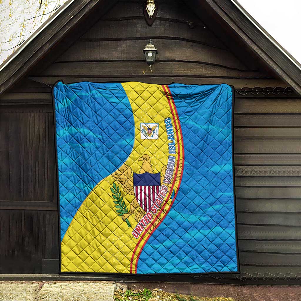 United States Virgin Islands Quilt with Blue Yellow Wave Design and Island Map Bird - Wonder Print Shop