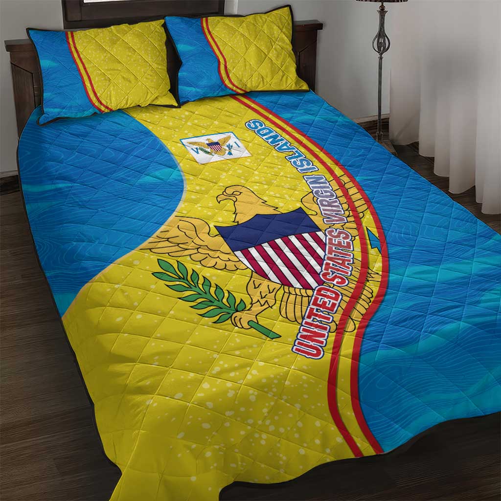 United States Virgin Islands Quilt Bed Set with Blue Yellow Wave Design and Island Map Bird - Wonder Print Shop