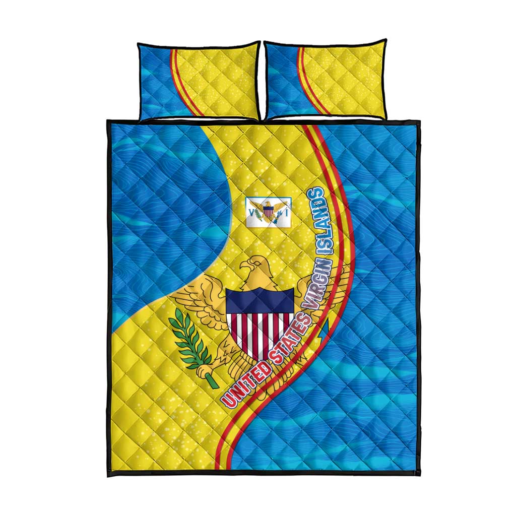 United States Virgin Islands Quilt Bed Set with Blue Yellow Wave Design and Island Map Bird - Wonder Print Shop