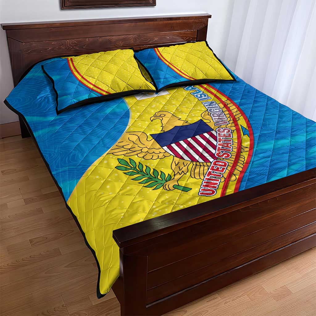 United States Virgin Islands Quilt Bed Set with Blue Yellow Wave Design and Island Map Bird - Wonder Print Shop