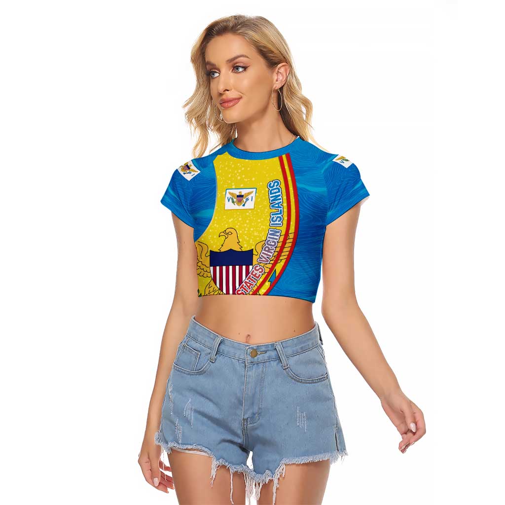 United States Virgin Islands Raglan Cropped T Shirt with Blue Yellow Wave Design and Island Map Bird - Wonder Print Shop