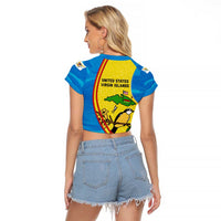 United States Virgin Islands Raglan Cropped T Shirt with Blue Yellow Wave Design and Island Map Bird - Wonder Print Shop