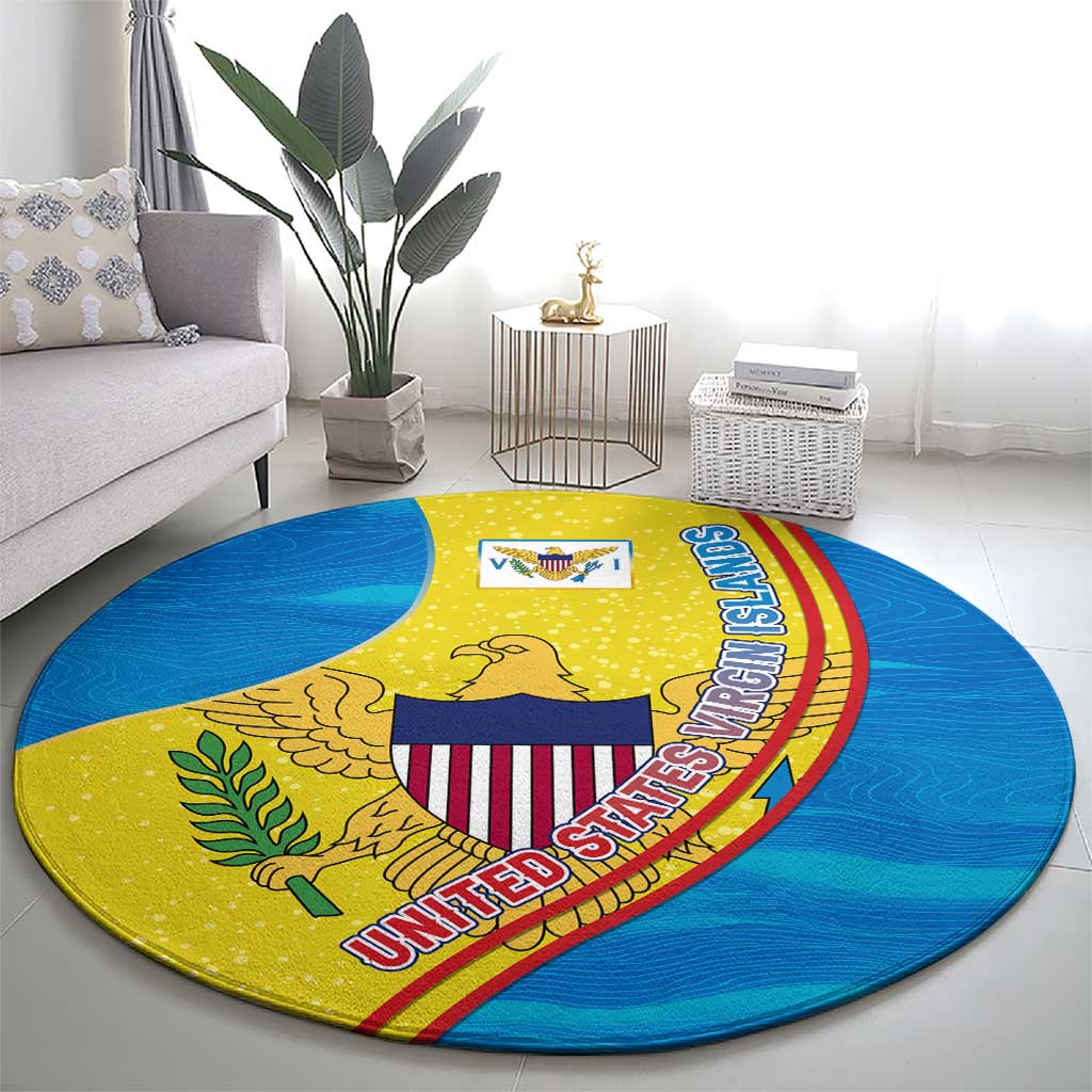 United States Virgin Islands Round Carpet with Blue Yellow Wave Design and Island Map Bird - Wonder Print Shop