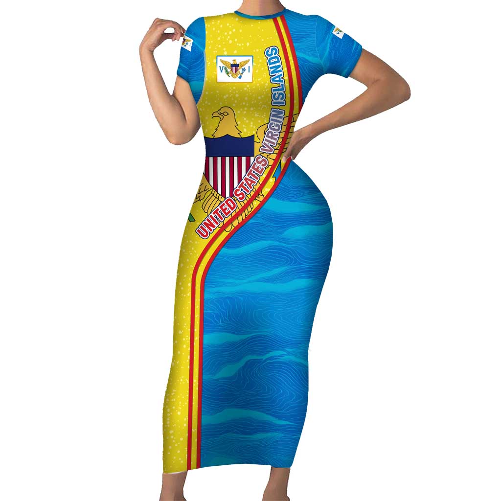 United States Virgin Islands Short Sleeve Bodycon Dress with Blue Yellow Wave Design and Island Map Bird - Wonder Print Shop