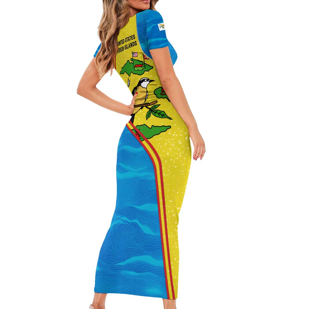 United States Virgin Islands Short Sleeve Bodycon Dress with Blue Yellow Wave Design and Island Map Bird - Wonder Print Shop