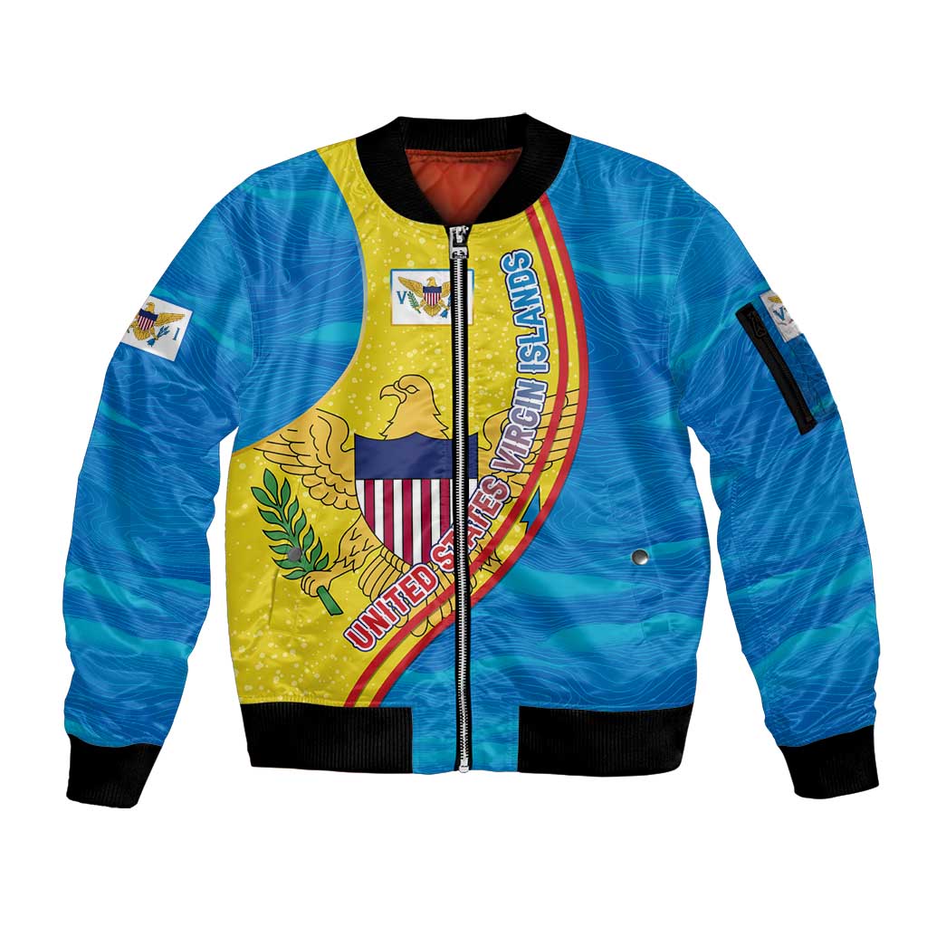 United States Virgin Islands Sleeve Zip Bomber Jacket with Blue Yellow Wave Design and Island Map Bird - Wonder Print Shop