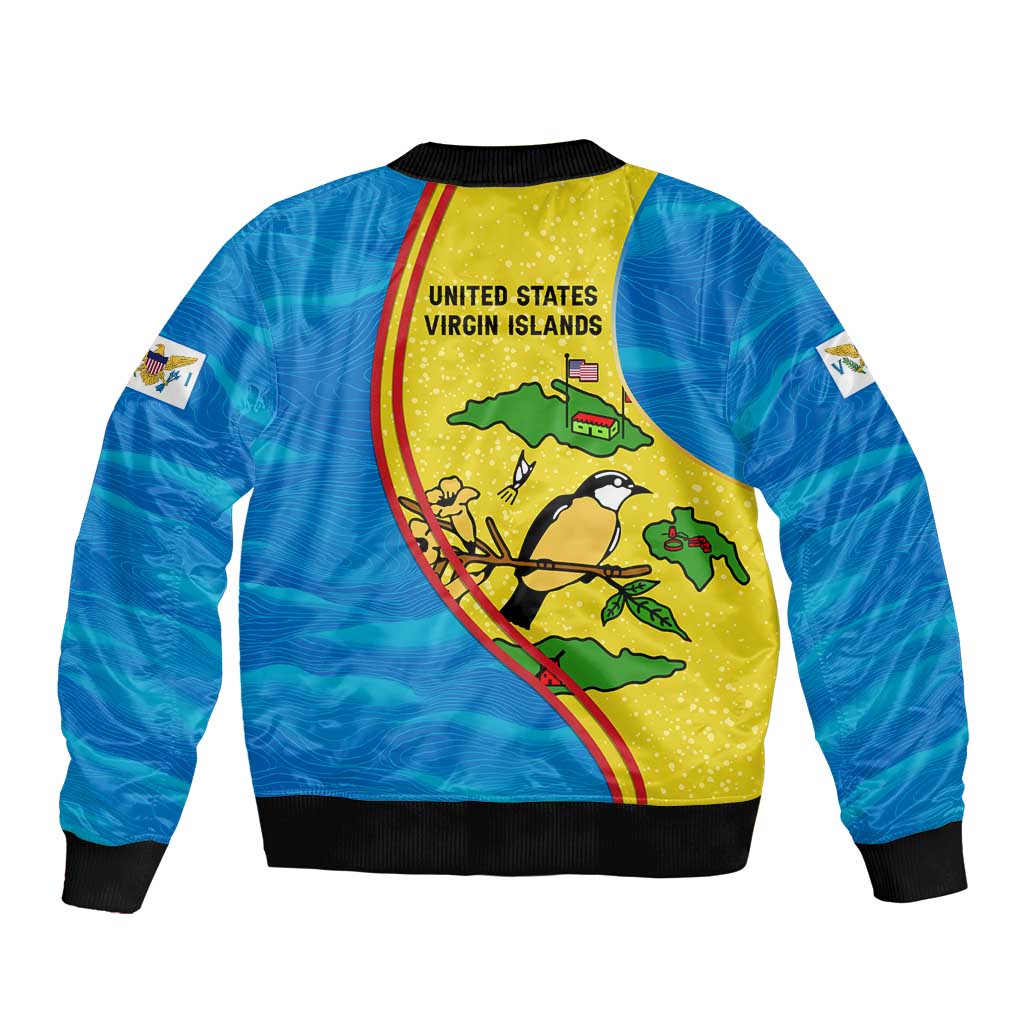 United States Virgin Islands Sleeve Zip Bomber Jacket with Blue Yellow Wave Design and Island Map Bird - Wonder Print Shop