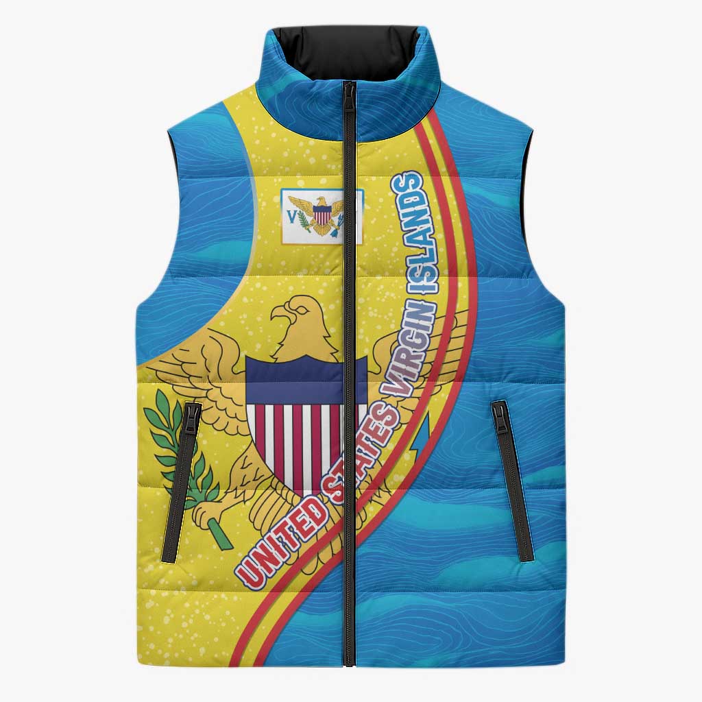 United States Virgin Islands Sleeveless Puffer Jacket with Blue Yellow Wave Design and Island Map Bird - Wonder Print Shop