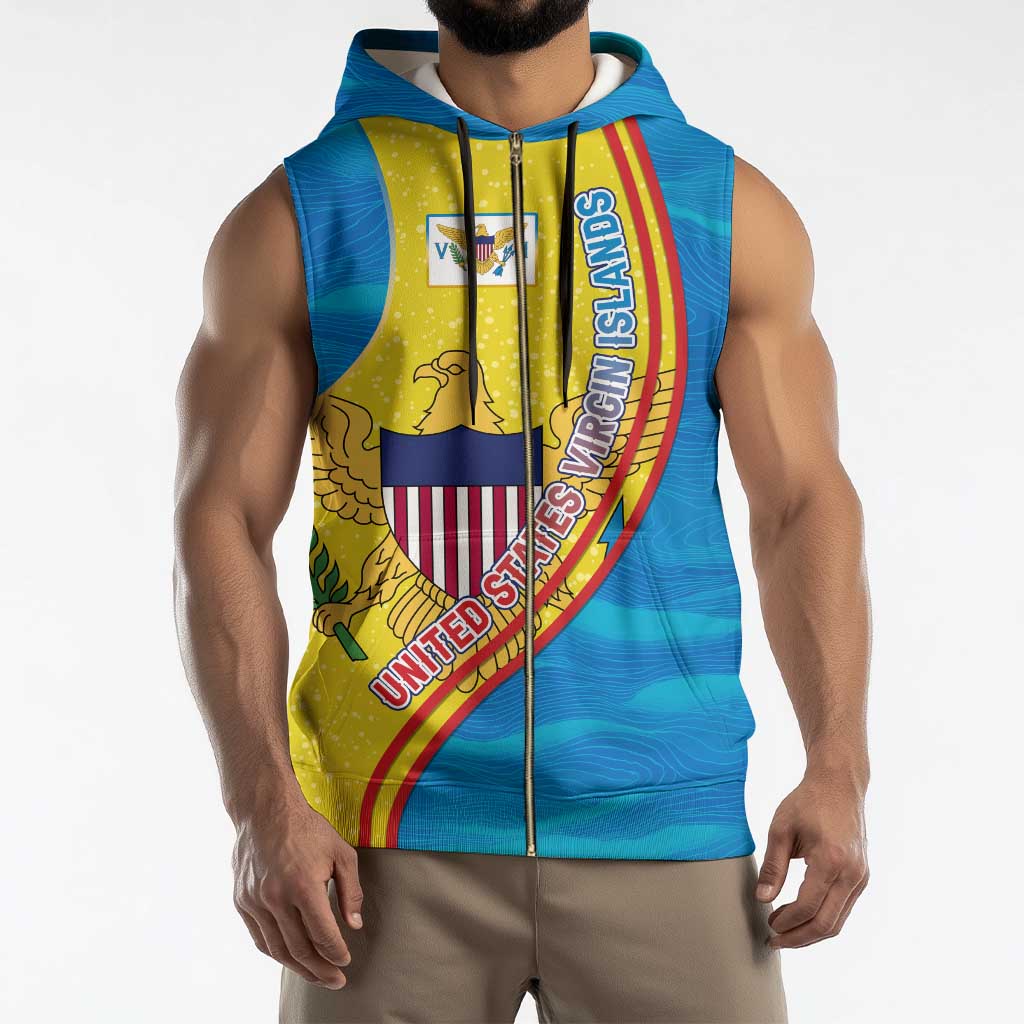 United States Virgin Islands Sleeveless Zip Hoodie with Blue Yellow Wave Design and Island Map Bird - Wonder Print Shop