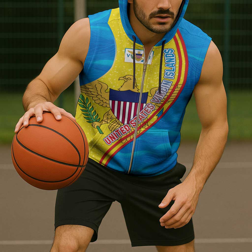 United States Virgin Islands Sleeveless Zip Hoodie with Blue Yellow Wave Design and Island Map Bird - Wonder Print Shop