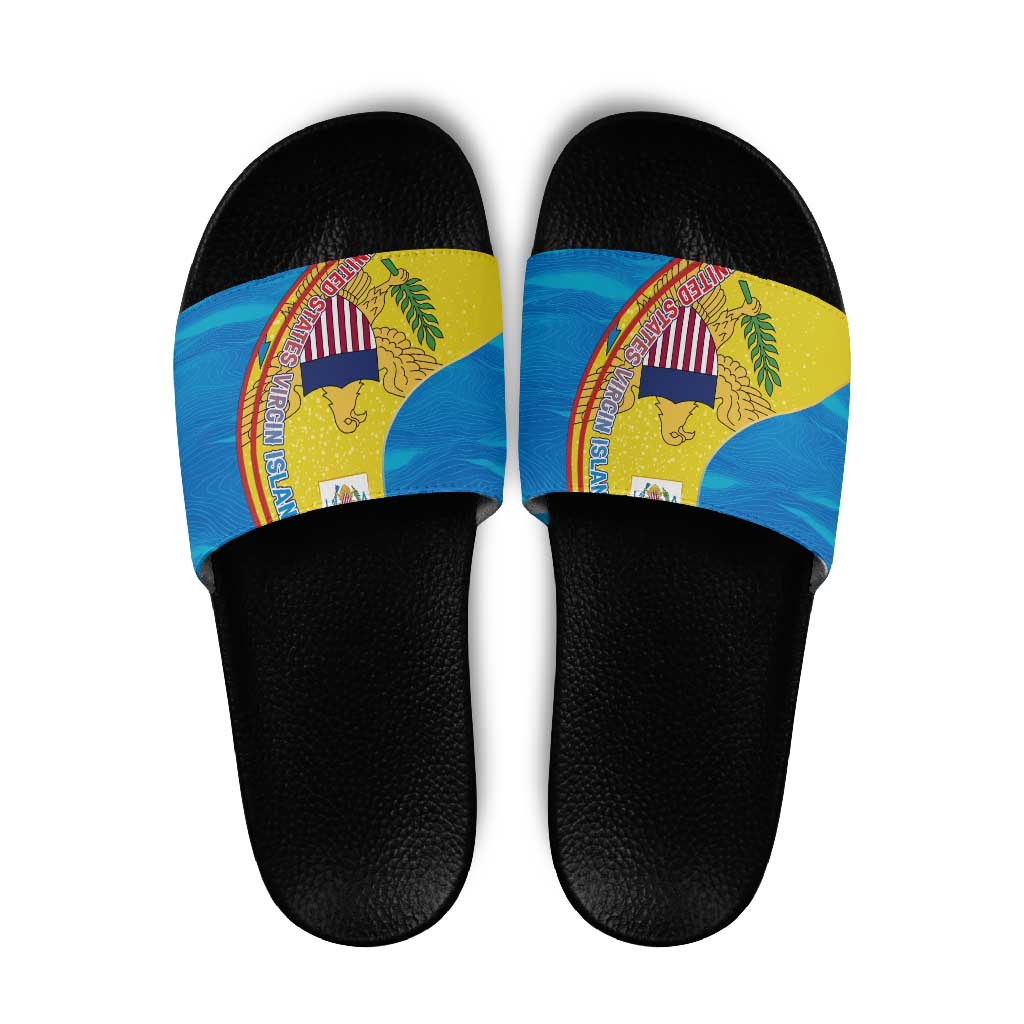 United States Virgin Islands Slide Sandals with Blue Yellow Wave Design and Island Map Bird - Wonder Print Shop