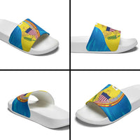 United States Virgin Islands Slide Sandals with Blue Yellow Wave Design and Island Map Bird - Wonder Print Shop