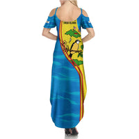 United States Virgin Islands Summer Maxi Dress with Blue Yellow Wave Design and Island Map Bird - Wonder Print Shop