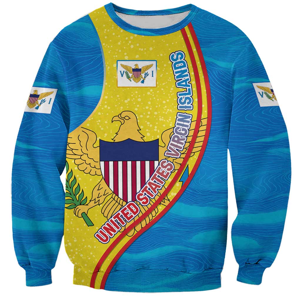 United States Virgin Islands Sweatshirt with Blue Yellow Wave Design and Island Map Bird - Wonder Print Shop
