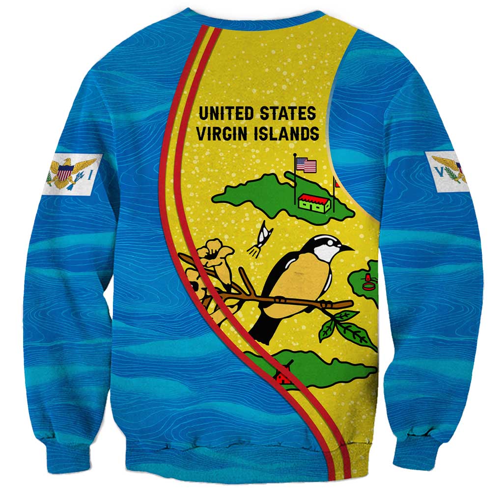 United States Virgin Islands Sweatshirt with Blue Yellow Wave Design and Island Map Bird - Wonder Print Shop