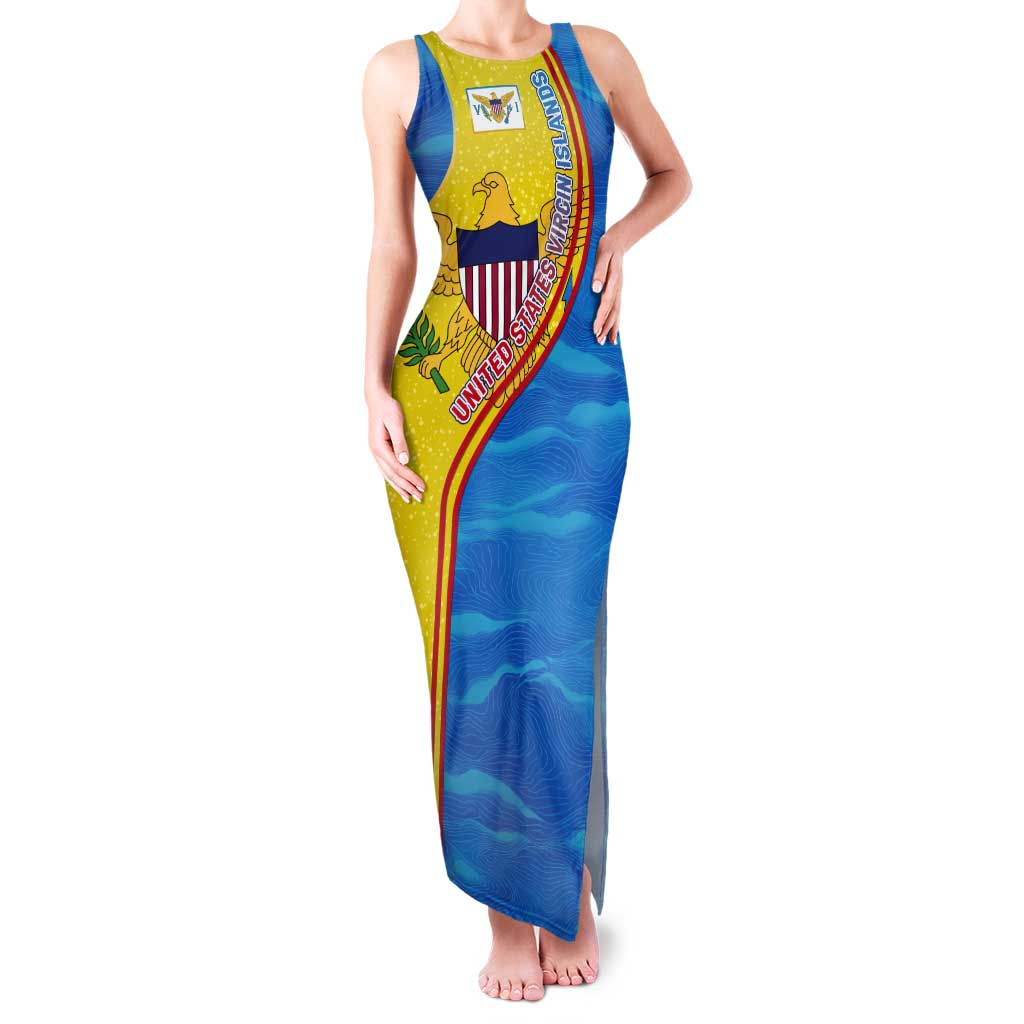 United States Virgin Islands Tank Maxi Dress with Blue Yellow Wave Design and Island Map Bird - Wonder Print Shop