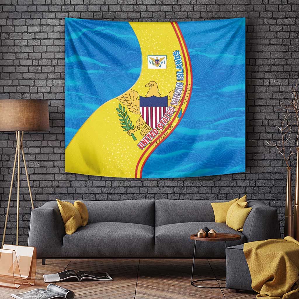 United States Virgin Islands Tapestry with Blue Yellow Wave Design and Island Map Bird - Wonder Print Shop