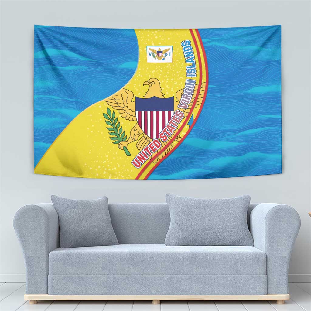United States Virgin Islands Tapestry with Blue Yellow Wave Design and Island Map Bird - Wonder Print Shop