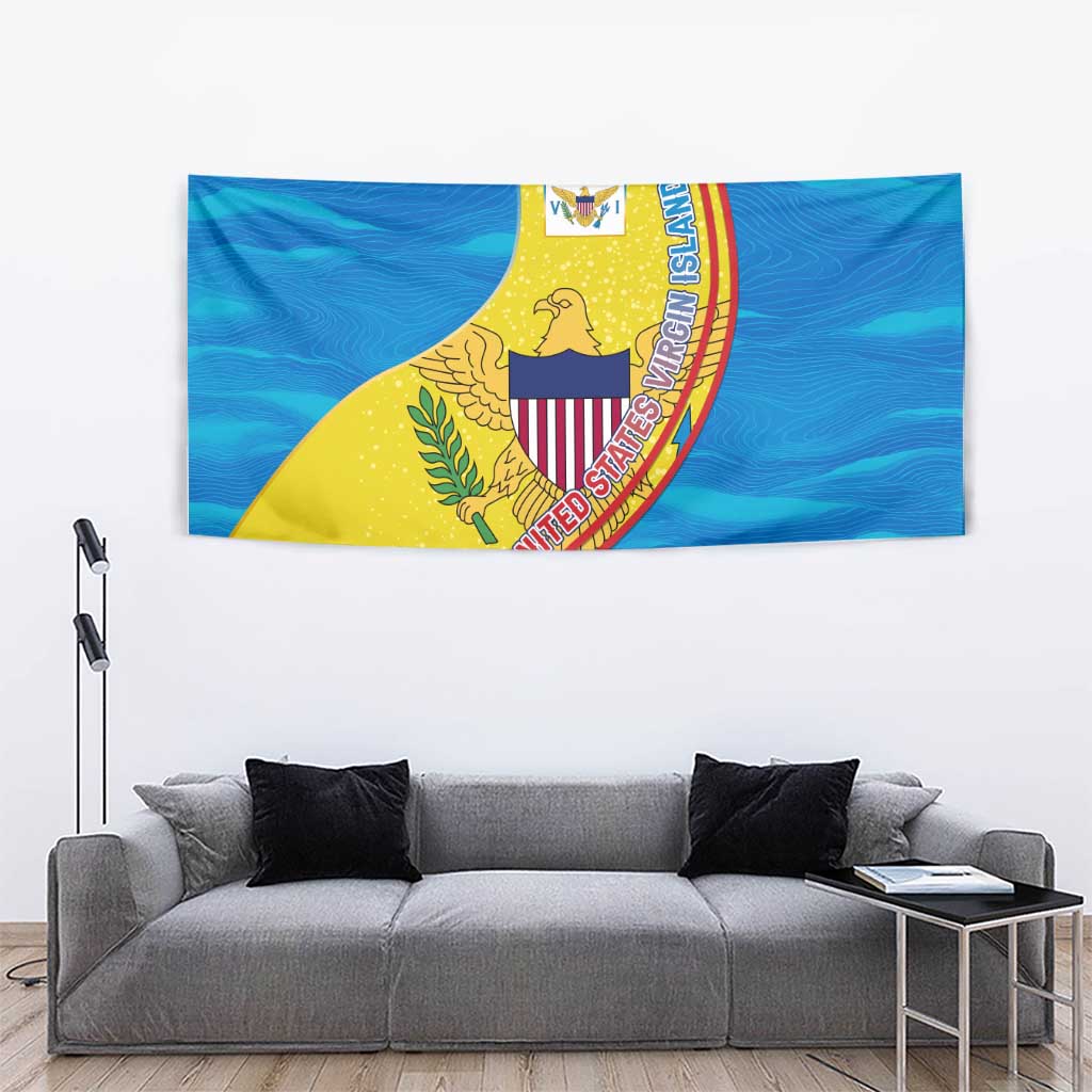 United States Virgin Islands Tapestry with Blue Yellow Wave Design and Island Map Bird - Wonder Print Shop