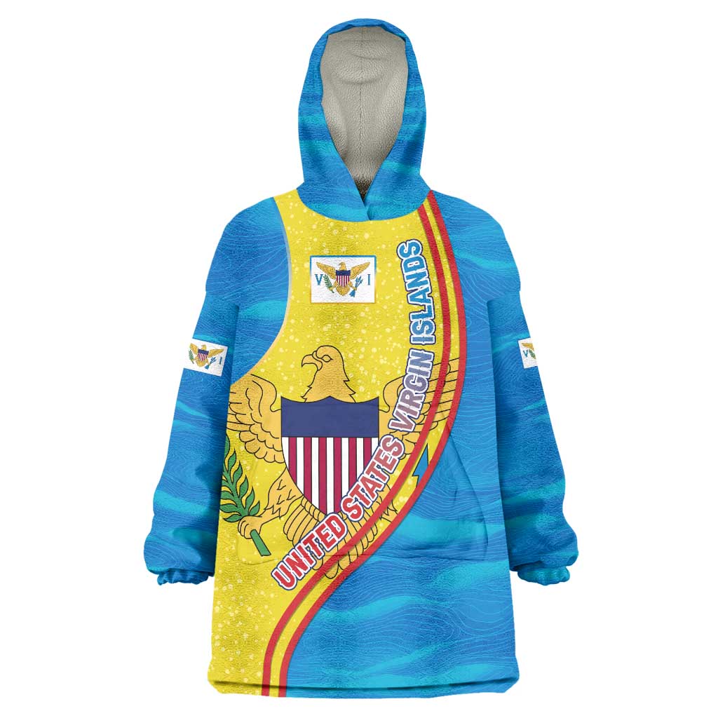 United States Virgin Islands Wearable Blanket Hoodie with Blue Yellow Wave Design and Island Map Bird - Wonder Print Shop