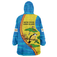 United States Virgin Islands Wearable Blanket Hoodie with Blue Yellow Wave Design and Island Map Bird - Wonder Print Shop