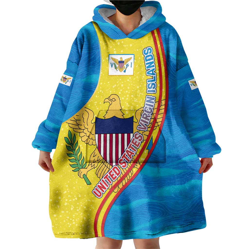 United States Virgin Islands Wearable Blanket Hoodie with Blue Yellow Wave Design and Island Map Bird - Wonder Print Shop