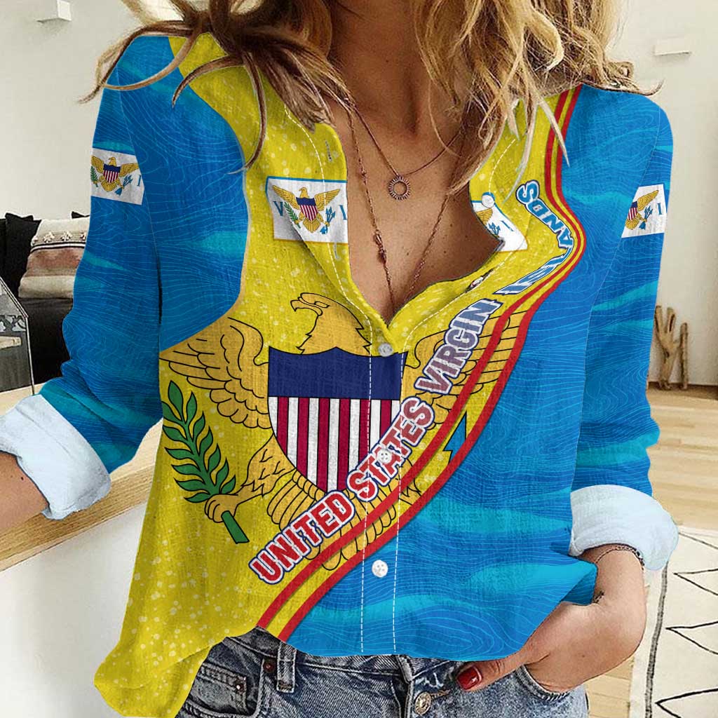 United States Virgin Islands Women Casual Shirt with Blue Yellow Wave Design and Island Map Bird - Wonder Print Shop