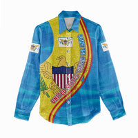 United States Virgin Islands Women Casual Shirt with Blue Yellow Wave Design and Island Map Bird - Wonder Print Shop